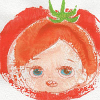 『トマトちゃん』2011年 ハガキ、木版 100x148(mm)degesu