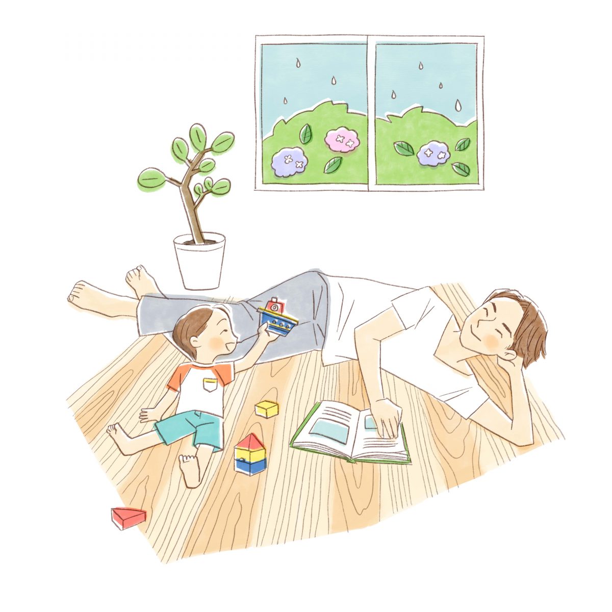 工務店パンフレット用 木の床の暮らしイラスト 原明 あさの Haramyo Asano