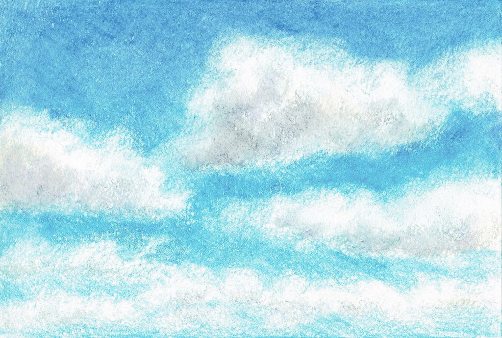 水彩色鉛筆で青空と雲