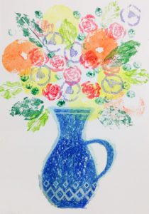 野菜スタンプで花瓶に入った花の絵