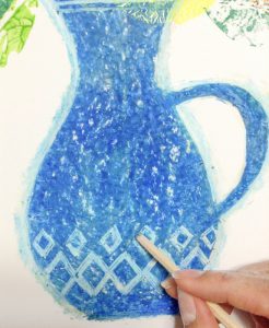 野菜スタンプで花瓶に入った花の絵