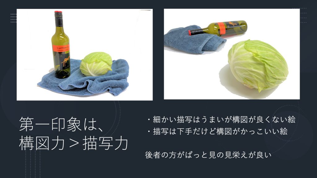 第一印象は、構図力＞描写力。・細かい描写はうまいが構図が良くない絵 ・描写は下手だけど構図がかっこいい絵  後者の方がぱっと見の見栄えが良い