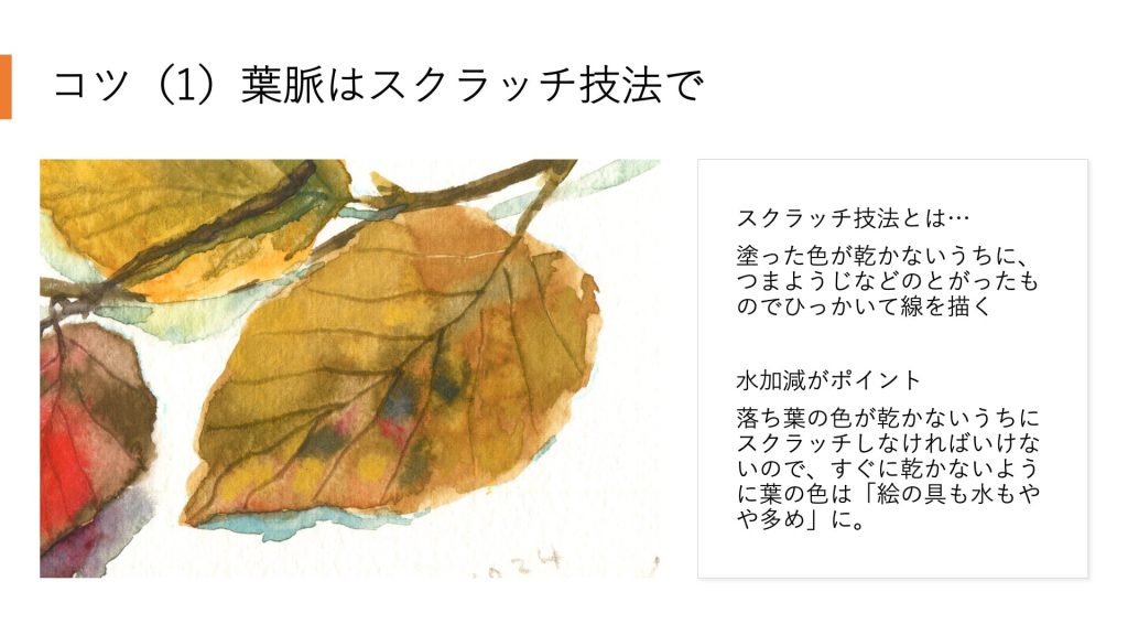 コツ(1)葉脈はスクラッチ技法で。スクラッチ技法とは…塗った色が乾かないうちに、つまようじなどのとがったものでひっかいて線を描く。水加減がポイント。落ち葉の色が乾かないうちにスクラッチしなければいけないので、すぐに乾かないように葉の色は「絵の具も水もやや多め」に。