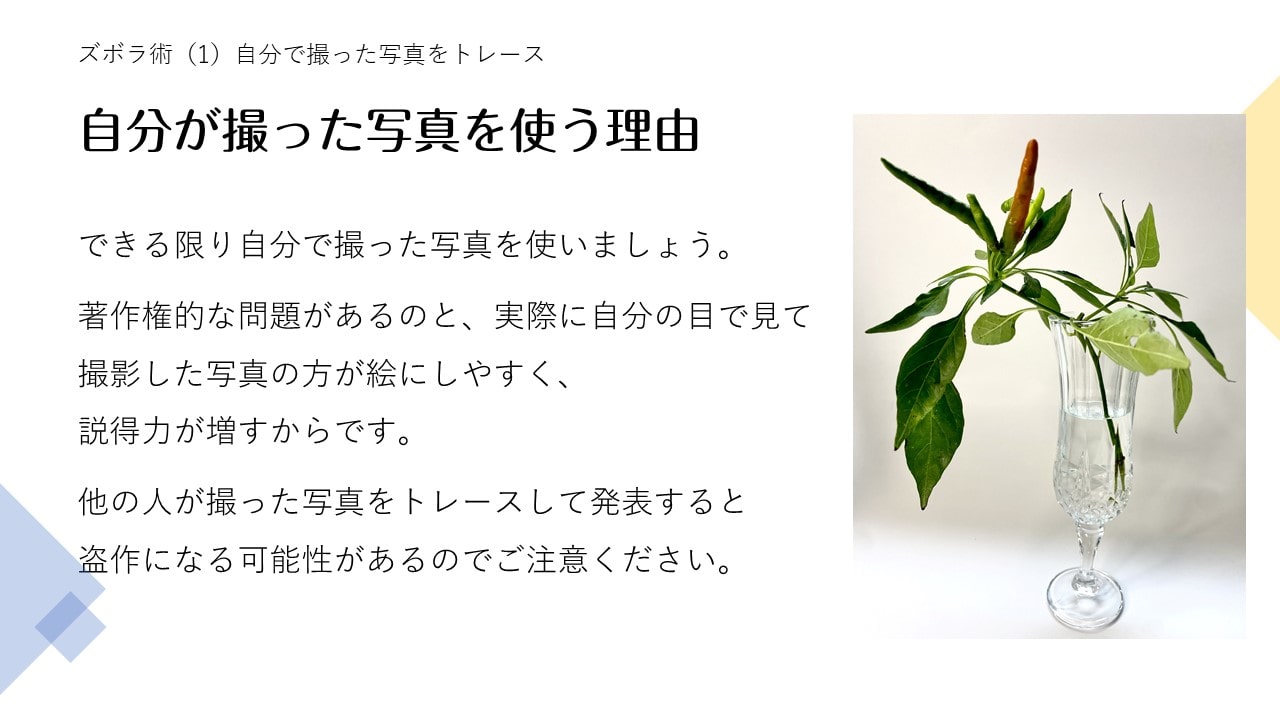 できる限り自分で撮った写真を使いましょう。 著作権的な問題があるのと、実際に自分の目で見て撮影した写真の方が絵にしやすく、説得力が増すからです。 他の人が撮った写真をトレースして発表すると盗作になる可能性があるのでご注意ください。