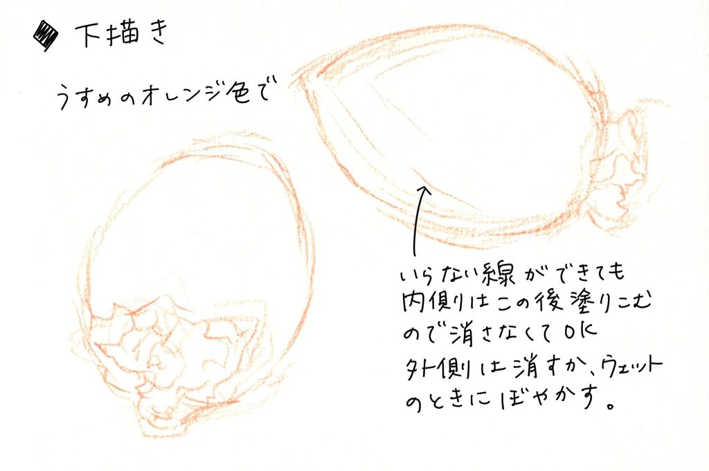 水彩色鉛筆で「柿（筆柿、珍宝柿）」の絵の下書き。うすめのオレンジで。いらない線ができても内側はこの後塗りこむので消さなくてOK。外側は消すか、ウェットのときにぼやかす。