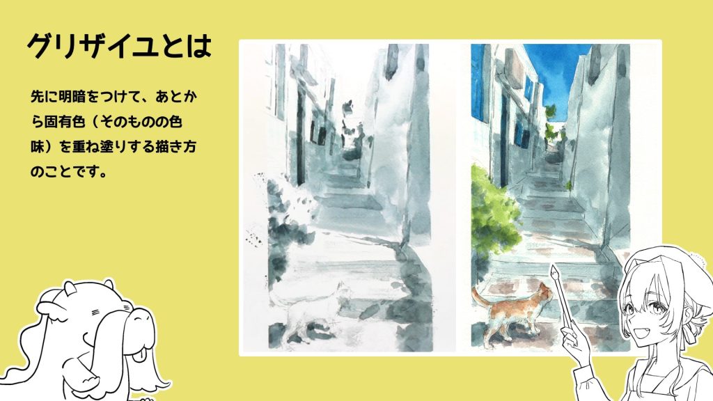 先に明暗をつけて、あとから固有色（そのものの色味）を重ね塗りする描き方のことです。
