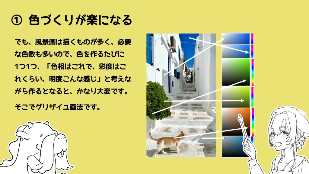 でも、風景画は描くものが多く、必要な色数も多いので、色を作るたびに1つ1つ、「色相はこれで、彩度はこれくらい、明度こんな感じ」と考えながら作るとなると、かなり大変です。
そこでグリザイユ画法です。
