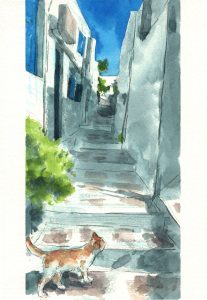 透明水彩でグリザイユ画法〜はじめての風景画〜【ギリシャ ミコノス島の写真から絵を描く】