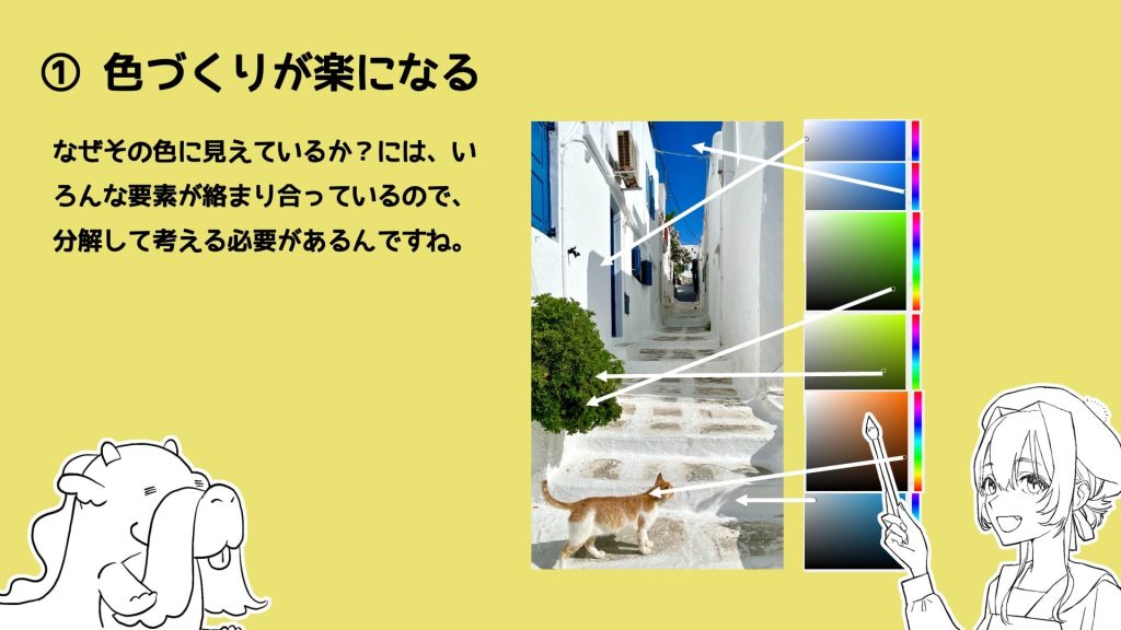なぜその色に見えているか？には、いろんな要素が絡まり合っているので、分解して考える必要があるんですね。