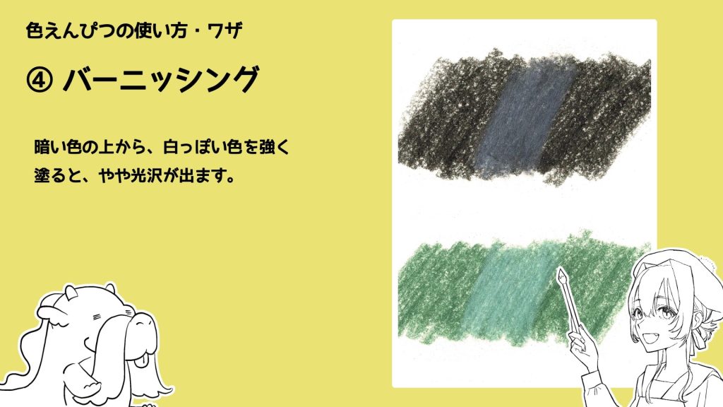 ④ バーニッシング　暗い色の上から、白っぽい色を強く塗ると、やや光沢が出ます。