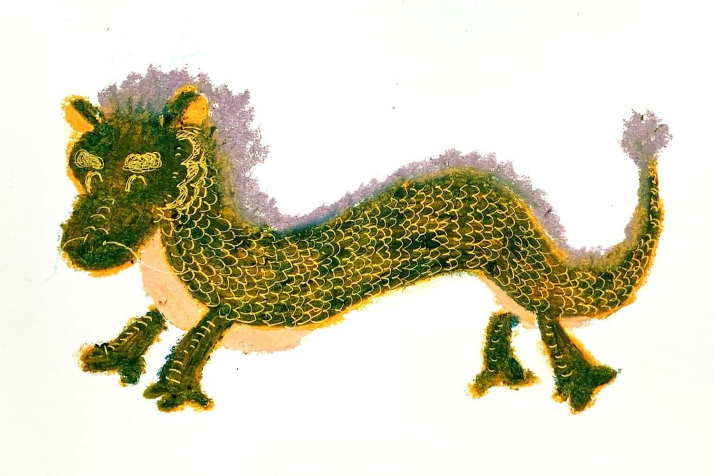 クレヨンで辰年の年賀状　立髪、爪、ツノ