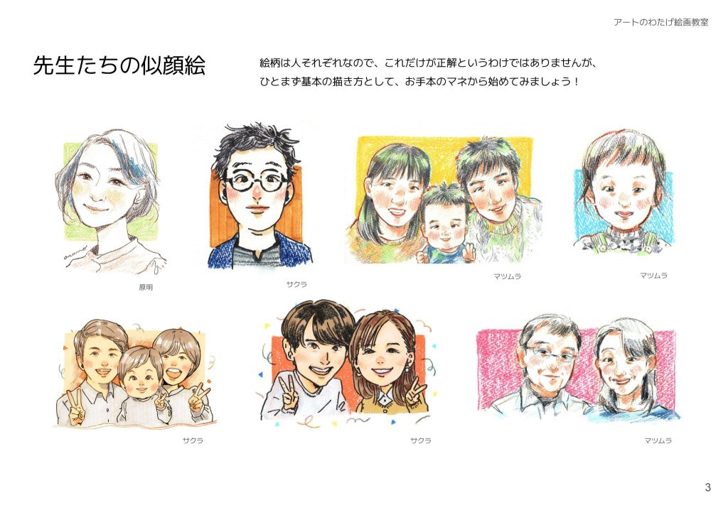 先生たちの似顔絵。絵柄は人それぞれなので、これだけが正解というわけではありませんが、
ひとまず基本の描き方として、お手本のマネから始めてみましょう！