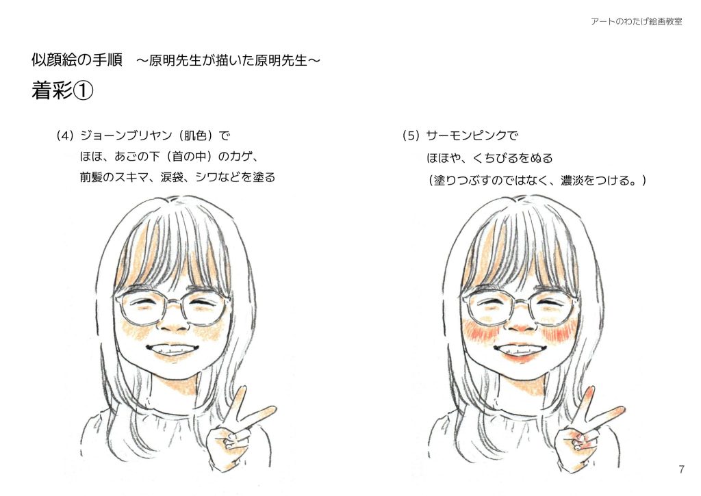 似顔絵の手順〜原明先生が描いた原明先生〜着彩①（4）ジョーンブリヤン（肌色）でほほ、あごの下（首の中）のカゲ、前髪のスキマ、涙袋、シワなどを塗る。（5）サーモンピンクでほほや、くちびるをぬる（塗りつぶすのではなく、濃淡をつける。）