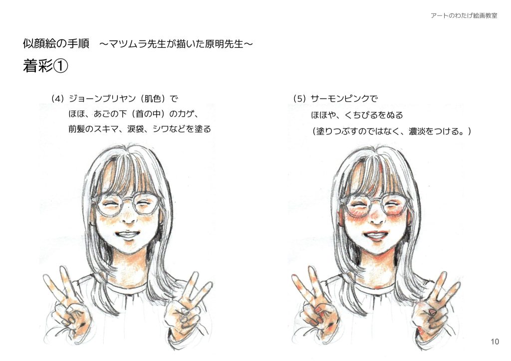 似顔絵の手順〜マツムラ先生が描いた原明先生〜着彩①（4）ジョーンブリヤン（肌色）でほほ、あごの下（首の中）のカゲ、前髪のスキマ、涙袋、シワなどを塗る。（5）サーモンピンクでほほや、くちびるをぬる（塗りつぶすのではなく、濃淡をつける。）