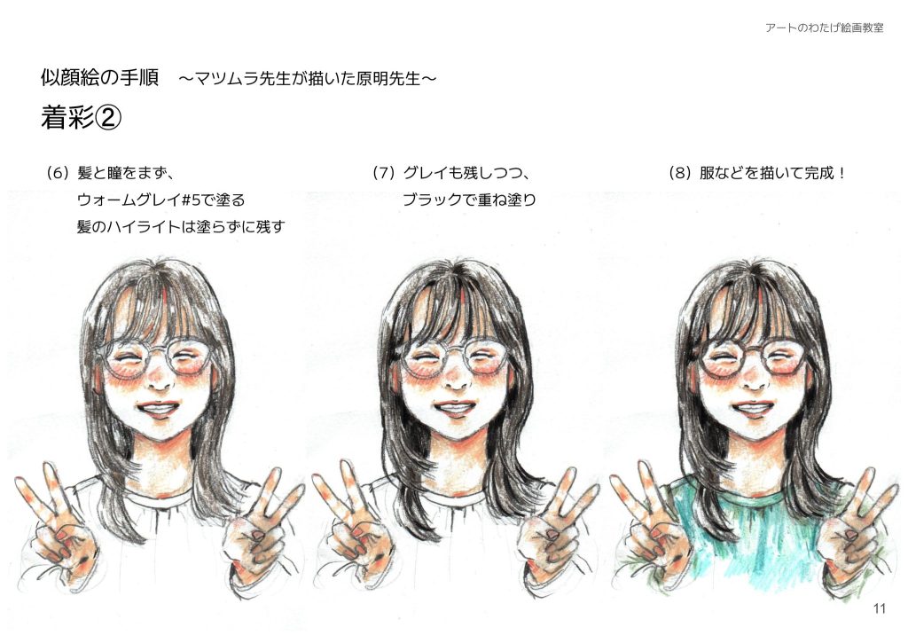 似顔絵の手順〜マツムラ先生が描いた原明先生〜着彩②（6）髪と瞳をまず、ウォームグレイ#5で塗る髪のハイライトは塗らずに残す。（7）グレイも残しつつ、ブラックで重ね塗り。（8）服などを描いて完成！