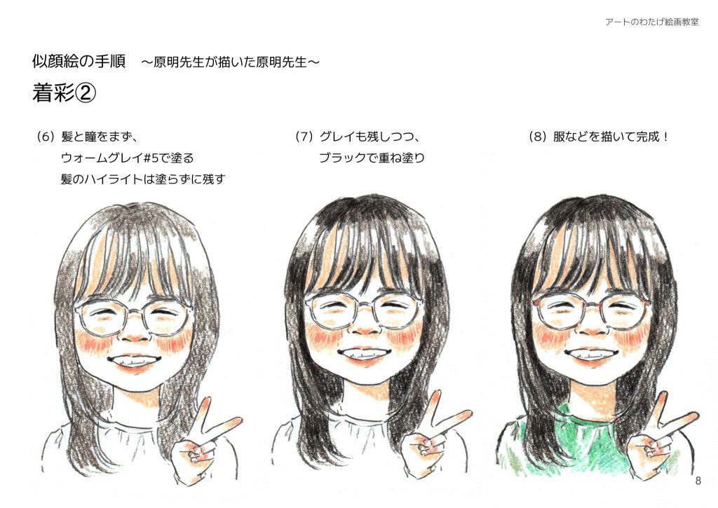 似顔絵の手順〜原明先生が描いた原明先生〜着彩②（6）髪と瞳をまず、ウォームグレイ#5で塗る髪のハイライトは塗らずに残す。（7）グレイも残しつつ、ブラックで重ね塗り。（8）服などを描いて完成！