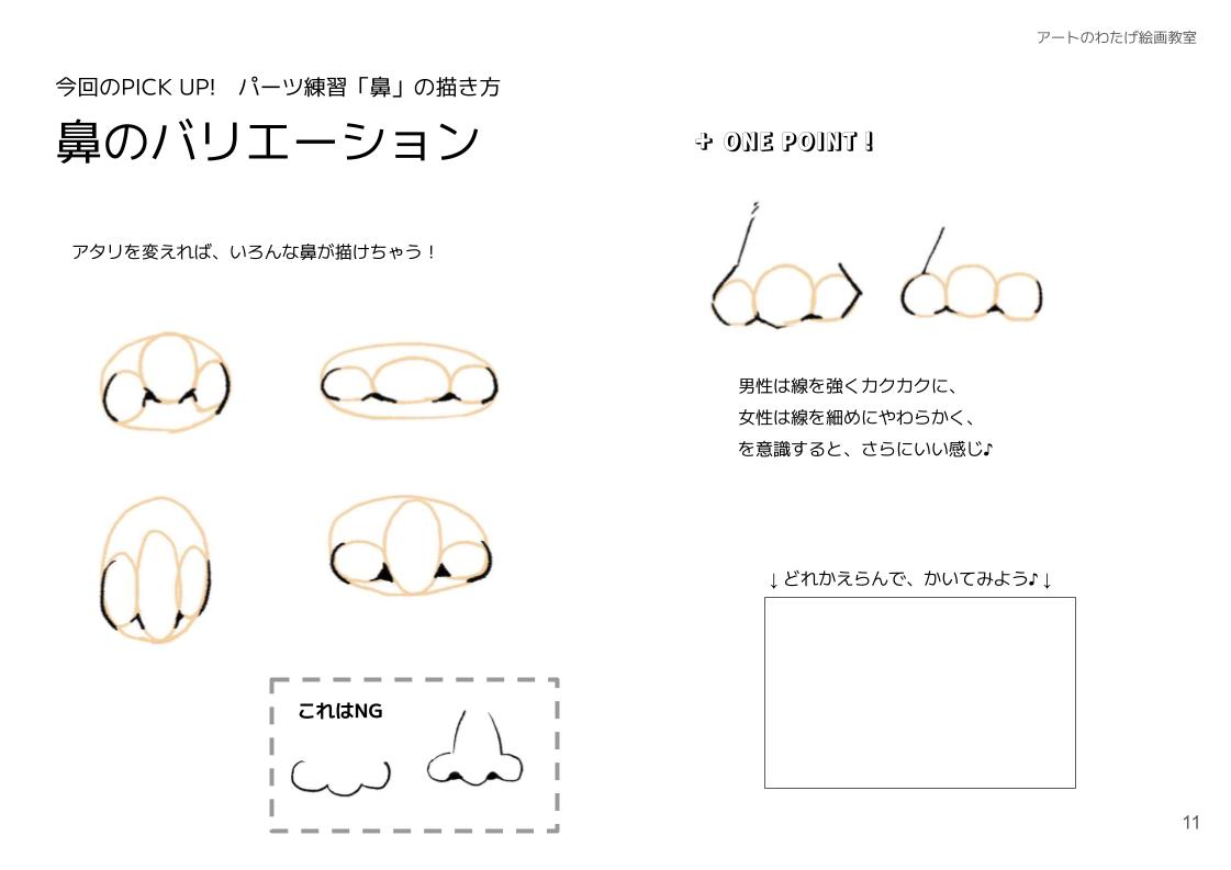 鼻の描き方02ページ目（はじめての似顔絵）鼻のバリエーション。アタリを変えれば、いろんな鼻が描けちゃう！男性は線を強くカクカクに、女性は線を細めにやわらかく、を意識すると、さらにいい感じ♪