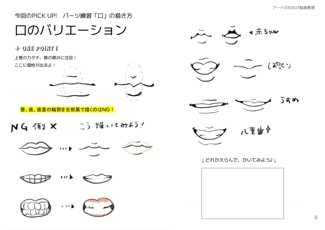 口の描き方02ページ目（はじめての似顔絵）＋ ONE POINT！上唇のカタチ、唇の厚みに注目！ここに個性が出るよ！唇、歯、歯茎の輪郭を全部黒で描くのはNG！赤ちゃん、ぽってり、薄め、八重歯の描き分け例。